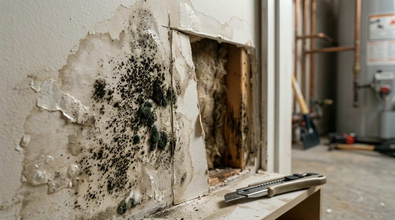 Black mold spreading across water-damaged drywall with exposed wall cavity and repair tools nearby.
