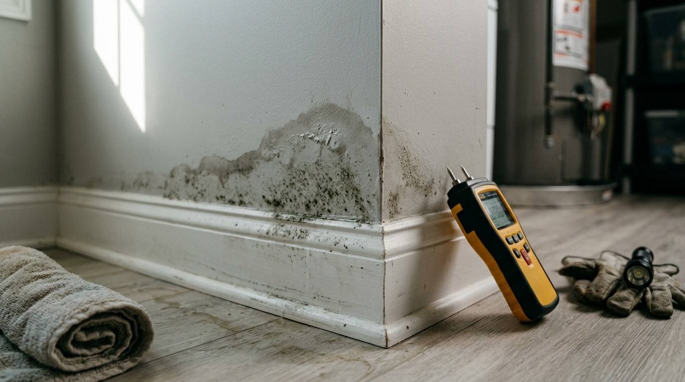 Mold growth along a water-damaged wall baseboard with a moisture meter and inspection tools nearby.