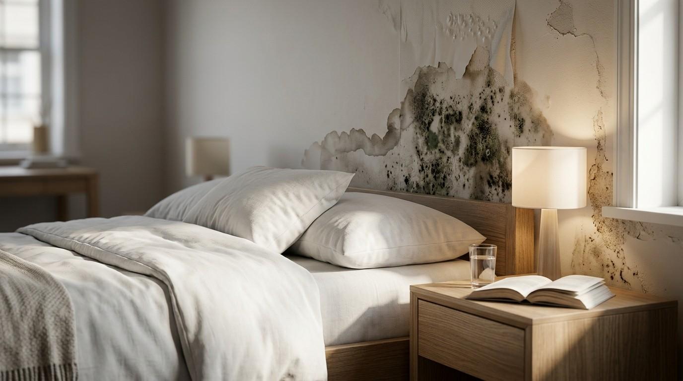 Bedroom with severe water damage and mold growth on the wall behind the bed, creating an unhealthy indoor environment.