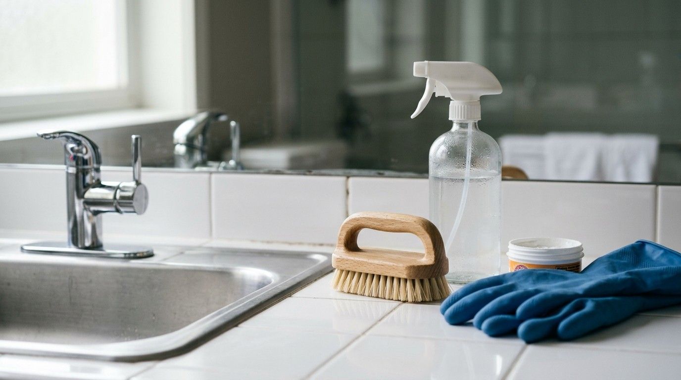 Cleaning supplies, gloves, and a scrub brush arranged beside a bathroom sink for mold removal and surface cleaning.