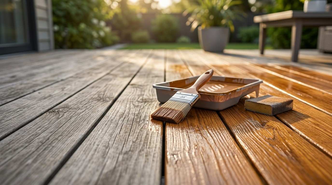 Paintbrush, stain tray, and sanding sponge on a wooden deck during refinishing, highlighting deck staining, restoration, and outdoor wood maintenance.