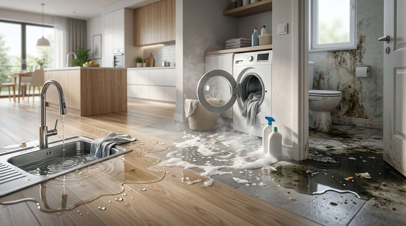 Water damage flooding a home from a leaking sink and overflowing washer, with mold visible in the adjacent bathroom.