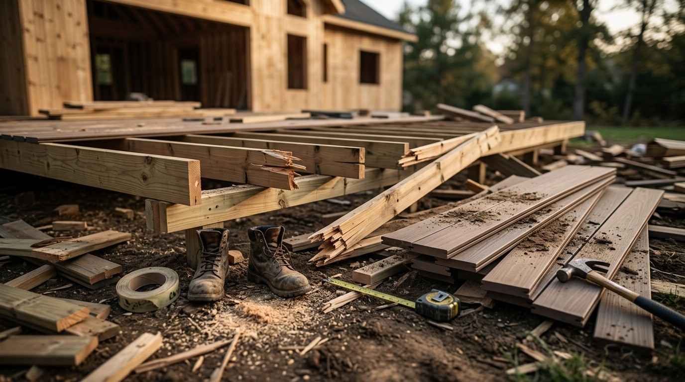 Partially built residential deck with exposed framing, decking boards, construction tools, and work boots, illustrating deck construction and outdoor renovation in progress.