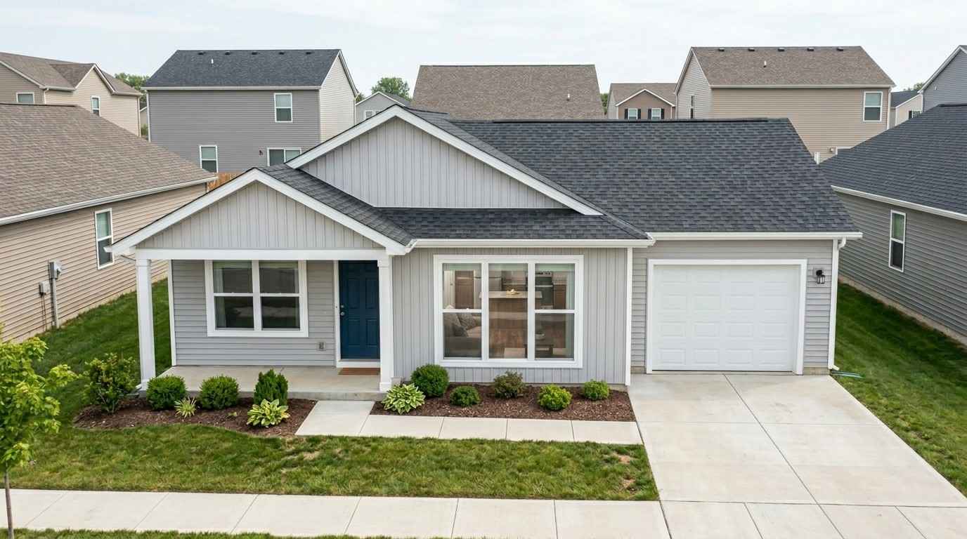Modest newly built suburban home with practical design, standard finishes, attached garage, and efficient layout, representing the type of house that can realistically be constructed with a $200,000 building budget.