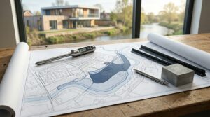 Site plan, house model, and drafting tools on a desk with a residential neighborhood visible through the window.