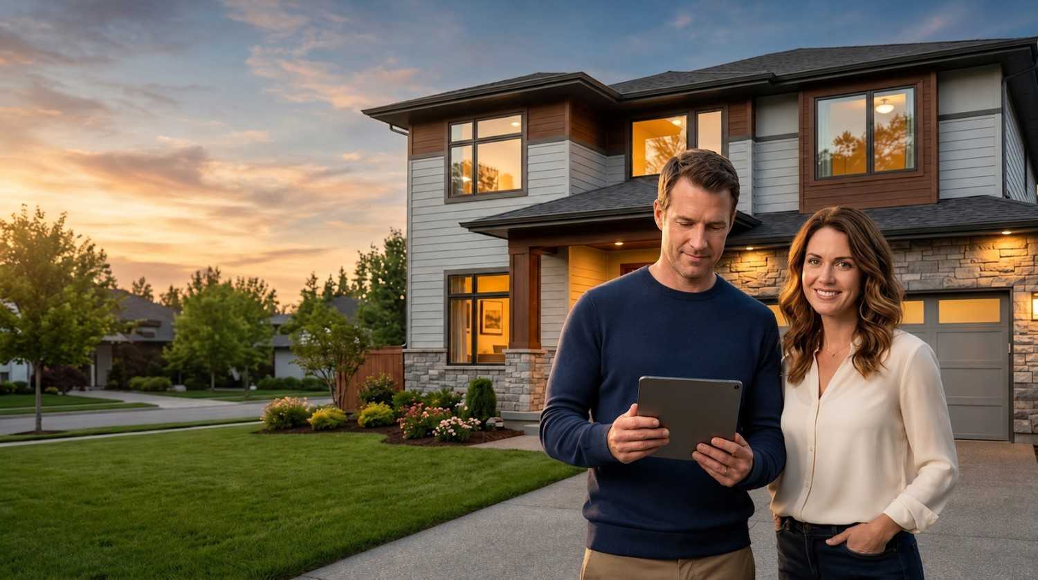 Couple standing outside a modern suburban home at sunset, holding mortgage and monthly payment documents. On-screen text asks, “How Much Home Can a $2,000 Monthly Payment Buy?” highlighting home affordability, mortgage budgeting, and residential real estate financing concepts.