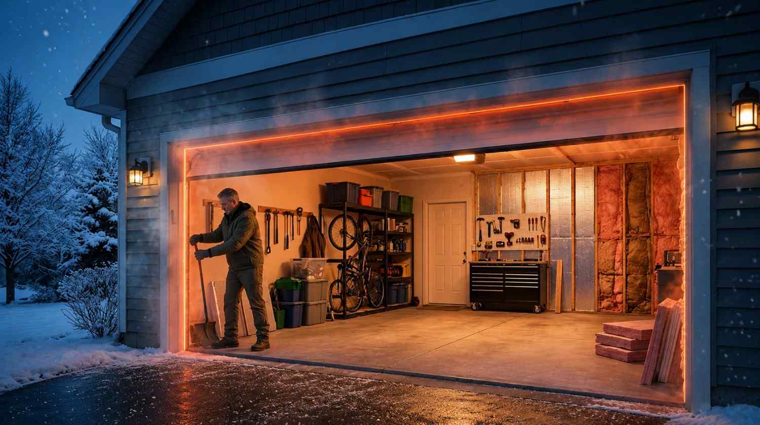 A homeowner works inside an open garage during winter, sealing or insulating the garage door while warm air escapes overhead. Tools, storage shelves, and exposed insulation highlight an energy-efficiency improvement project.