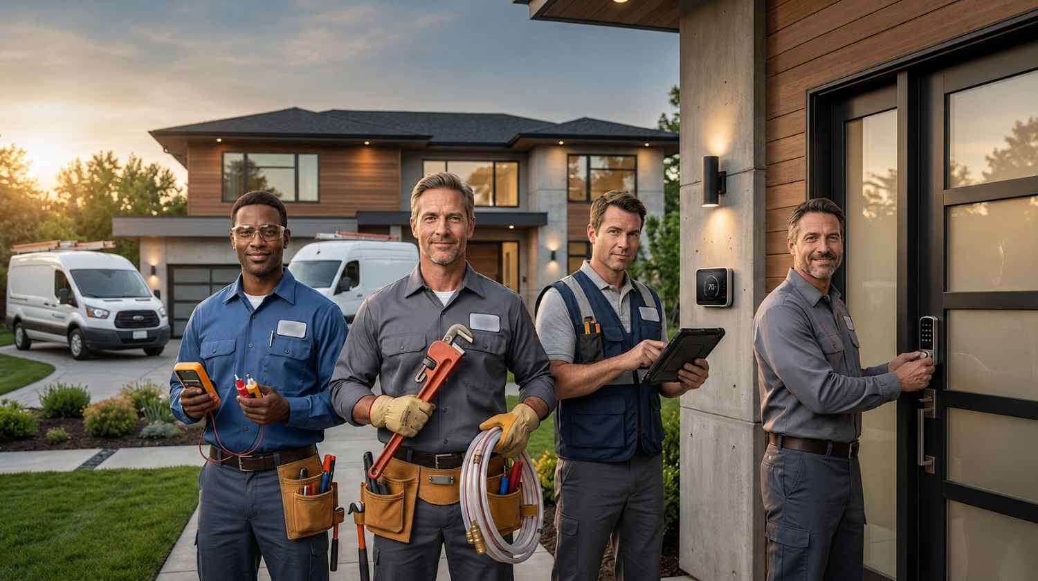 Four home service professionals stand outside a modern house with service vans parked nearby. The team holds tools and equipment for plumbing, electrical, HVAC, and smart lock installation while one technician programs a keypad door lock.