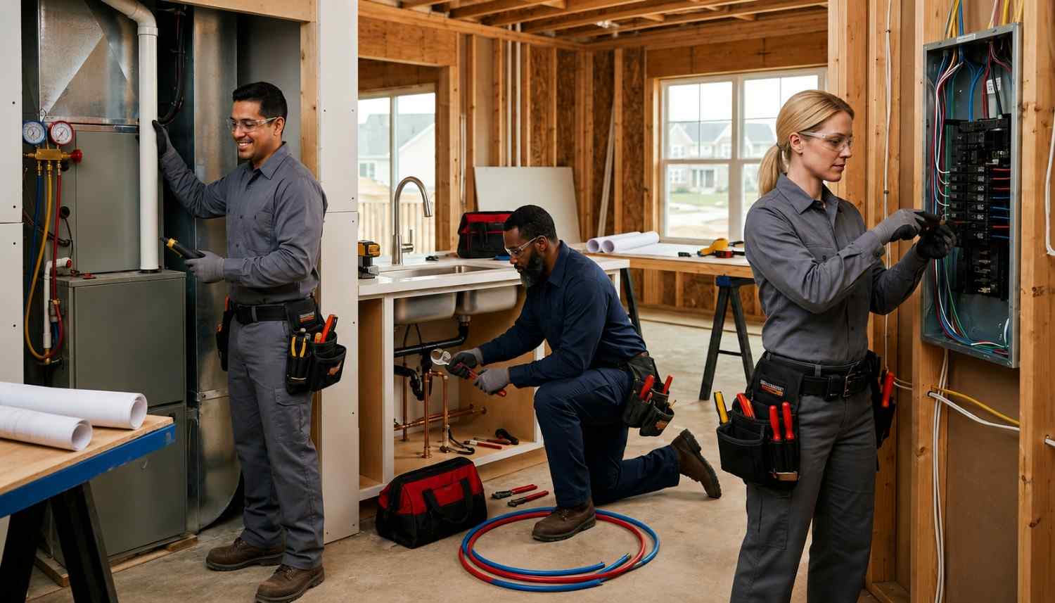 Three skilled tradespeople work inside a house under construction. One services an HVAC system, another installs plumbing beneath a sink, and a third connects wiring in an electrical panel while wearing safety gear and tool belts.