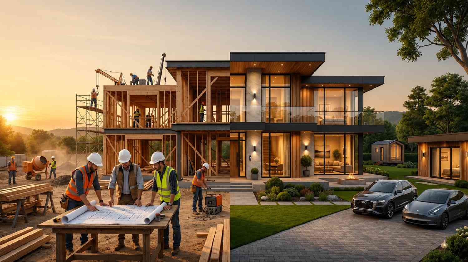 Modern two-story luxury house displayed half under construction and half fully completed at sunset Construction workers review blueprints, build wooden framing, and install structural components while landscaped gardens, glowing interior lights, balconies, and parked electric vehicles showcase the finished contemporary residence Surrounded by trees, the upscale property blends modern architecture with active development progress