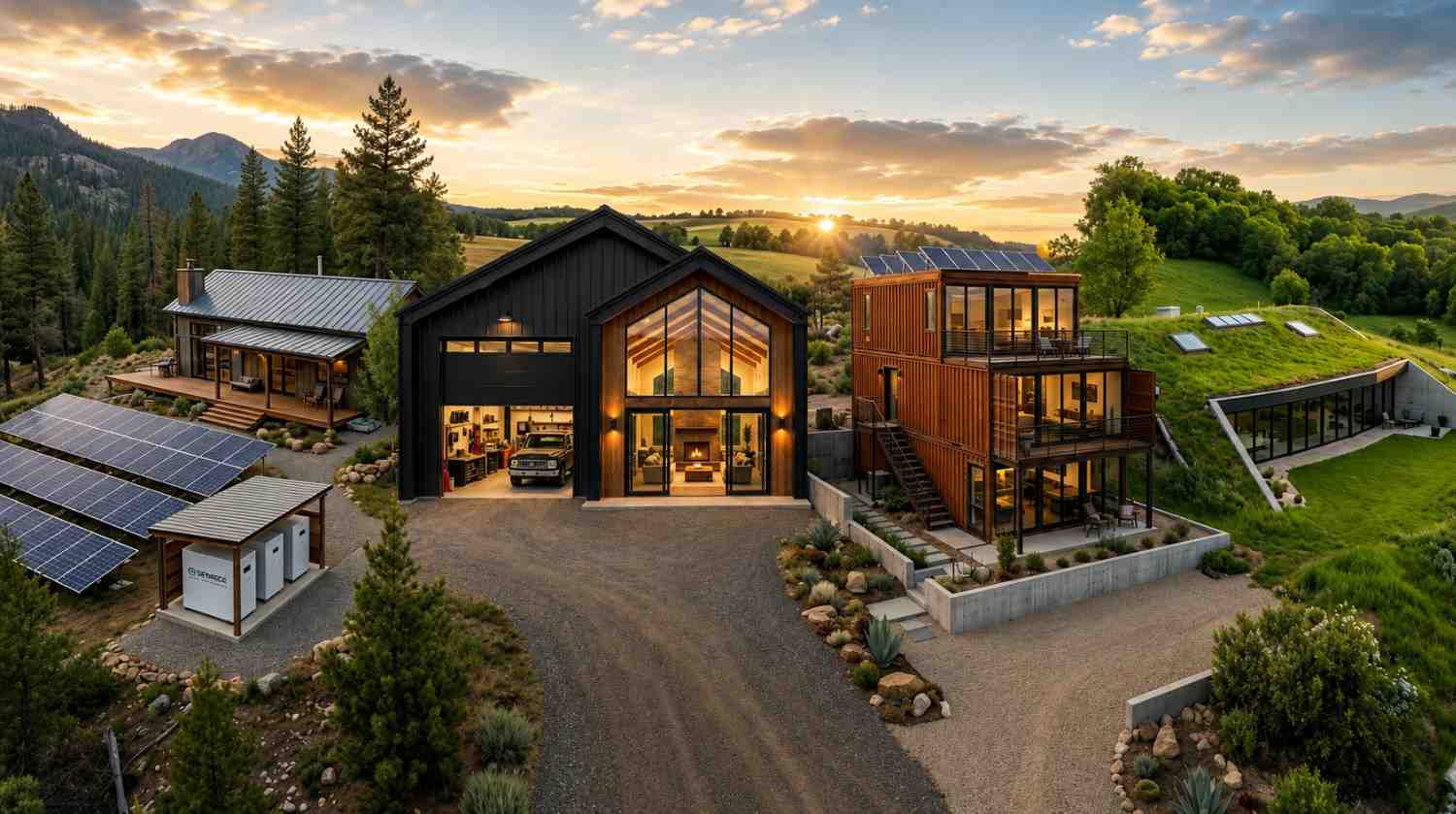 Sustainable modern homes surrounded by rolling hills and pine forests at sunset Feature large solar panel arrays, green roofs, expansive glass windows, and contemporary architecture Warm interior lighting glows from energy efficient houses while landscaped pathways, terraces, and eco friendly infrastructure create a luxurious off grid residential retreat in a peaceful natural countryside setting