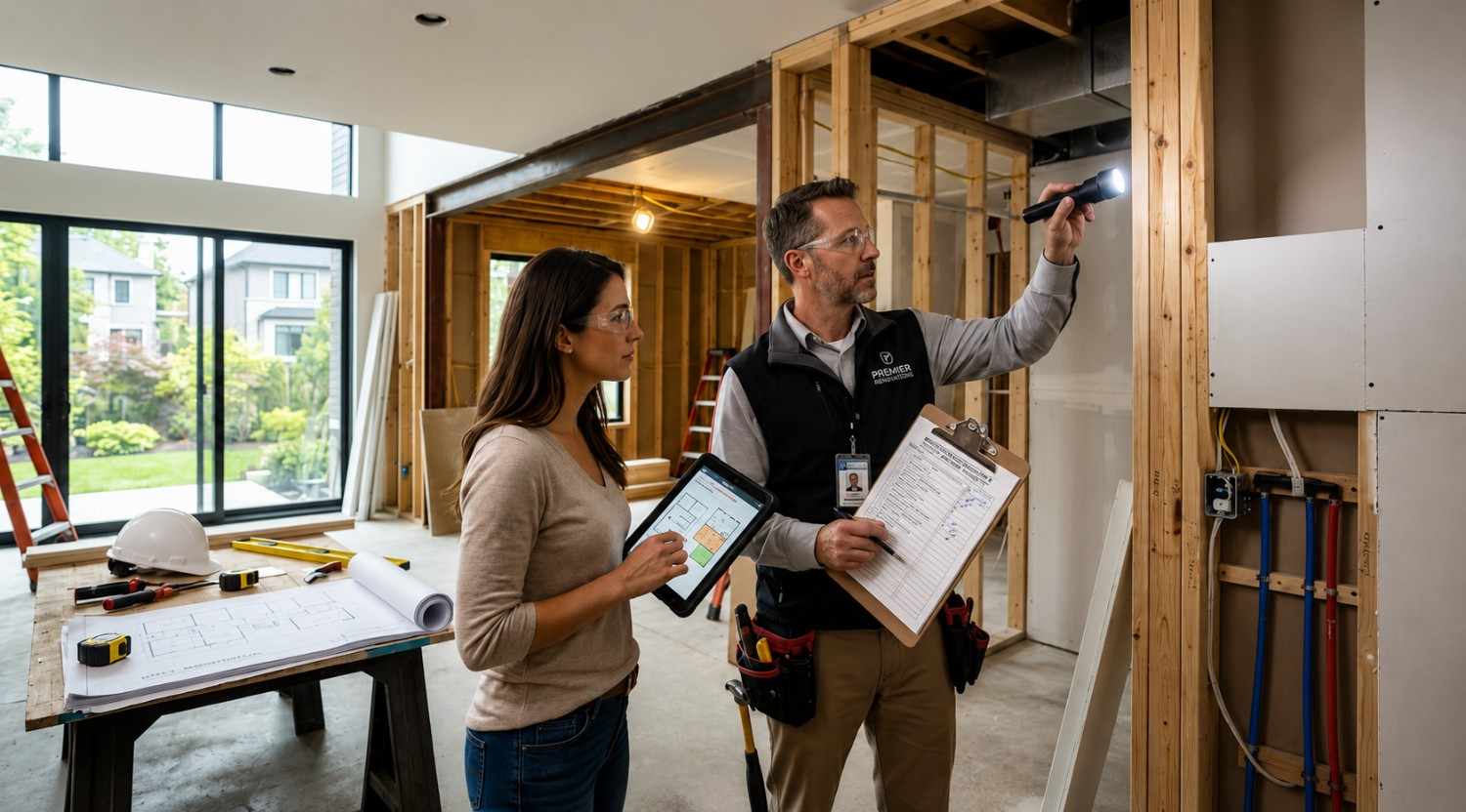 Home inspector and homeowner review renovation progress inside a partially finished modern house Inspector shines flashlight into exposed wall framing while holding a checklist clipboard Woman uses a digital tablet displaying floor plans Nearby blueprints, tools, plumbing lines, and construction materials highlight active remodeling, safety inspection, and project management within a spacious contemporary interior setting