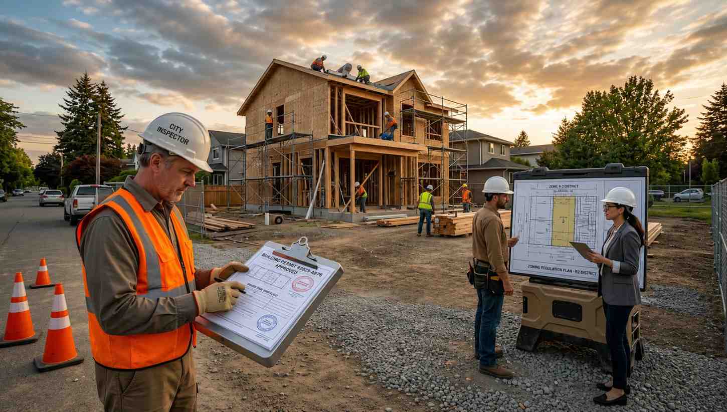 City inspector reviews approved building permits at a residential construction site while workers frame a two story house under scaffolding Nearby contractors discuss zoning regulations and development plans beside a large site map Construction crews install roofing and structural components during sunset, highlighting permitting, inspections, compliance, and active suburban home development progress outdoors