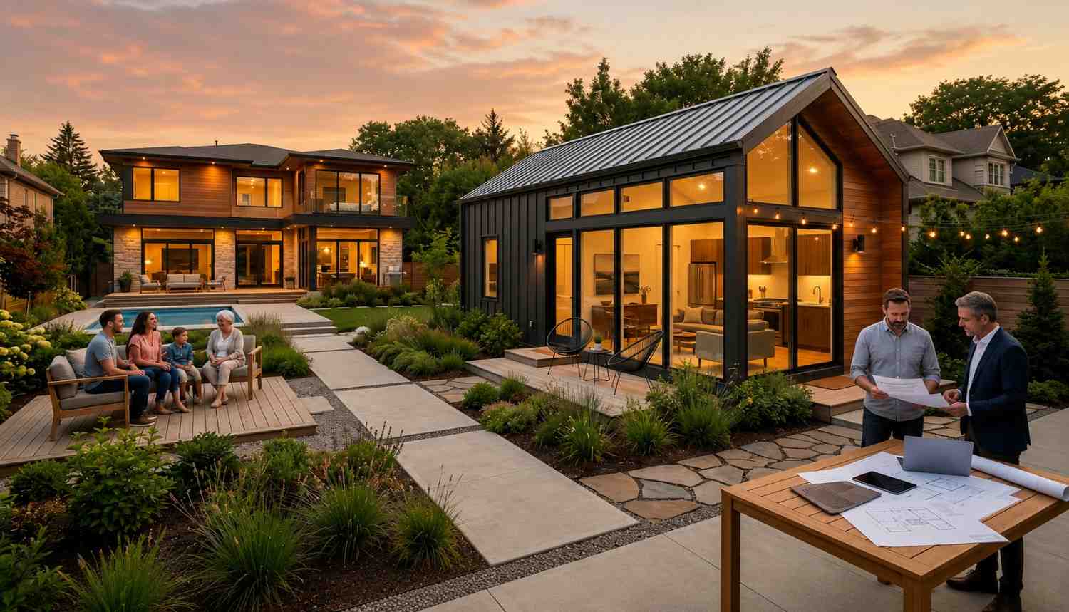 Modern backyard community at sunset featuring a stylish tiny home with large glass windows beside a luxury two story residence Families relax on outdoor seating areas surrounded by landscaped gardens, pathways, and poolside spaces while professionals review architectural plans Nearby warm lighting and contemporary design create an inviting upscale multigenerational residential living environment outdoors