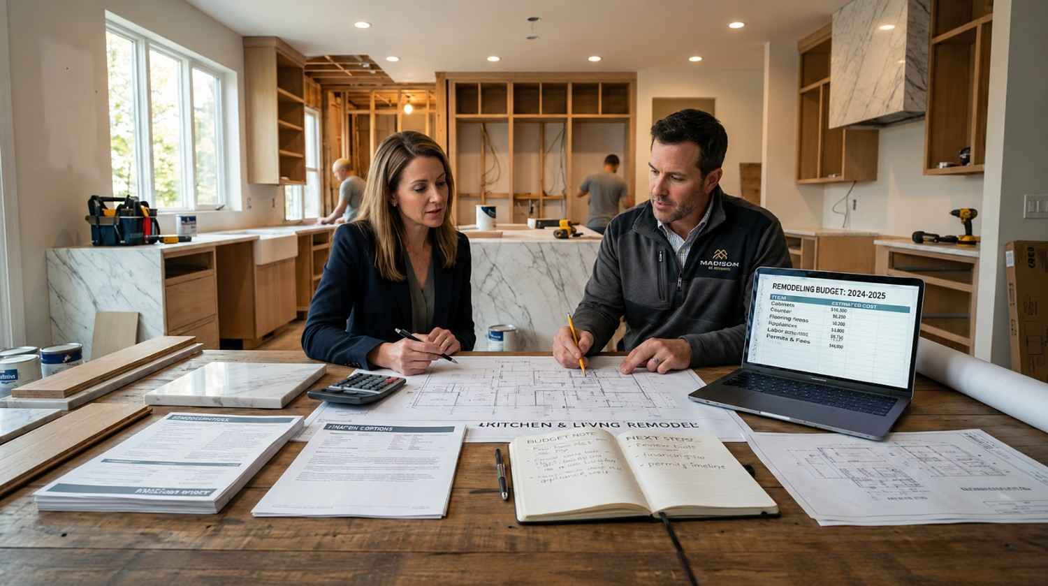Homeowners and remodeling contractor reviewing kitchen renovation blueprints, budget documents, and material samples at wooden table inside partially completed luxury home. Laptop displays remodeling cost spreadsheet while construction workers install cabinetry in background. Marble countertops, unfinished wood cabinets, calculators, permits, and architectural plans illustrate collaborative residential renovation planning and budgeting process.