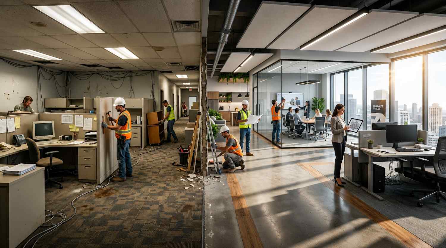 Split-view office renovation showcasing outdated cubicle workspace transforming into modern open-concept corporate interior. Construction workers demolish walls, install finishes, and review plans while employees collaborate in bright glass conference room. Exposed wiring, worn carpeting, and old lighting contrast with contemporary desks, acoustic ceiling panels, natural light, and sleek professional workplace design.