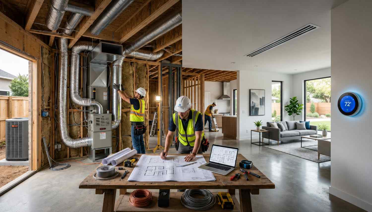 HVAC contractors installing ductwork and climate control systems inside partially finished modern home renovation. Workers review blueprints and connect ventilation equipment beside exposed framing, insulation, and mechanical systems. Completed open-concept living area features minimalist furnishings, polished concrete floors, recessed linear vents, and smart thermostat technology, illustrating residential energy-efficient heating and cooling integration project.
