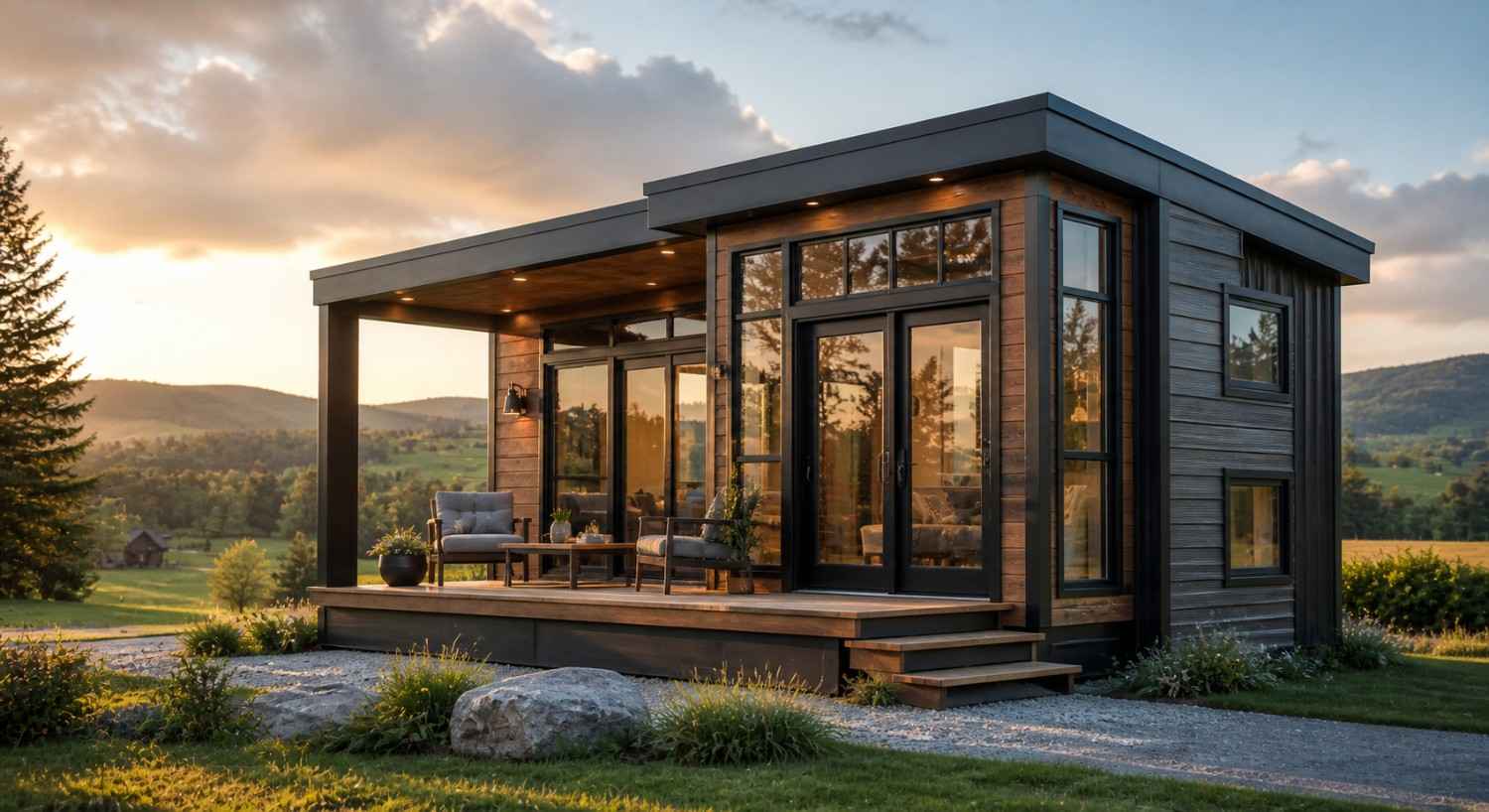 Modern Park Model Homes cabin with wood siding and large windows, set on a scenic mountain hillside with a spacious deck and two people relaxing outdoors at sunset