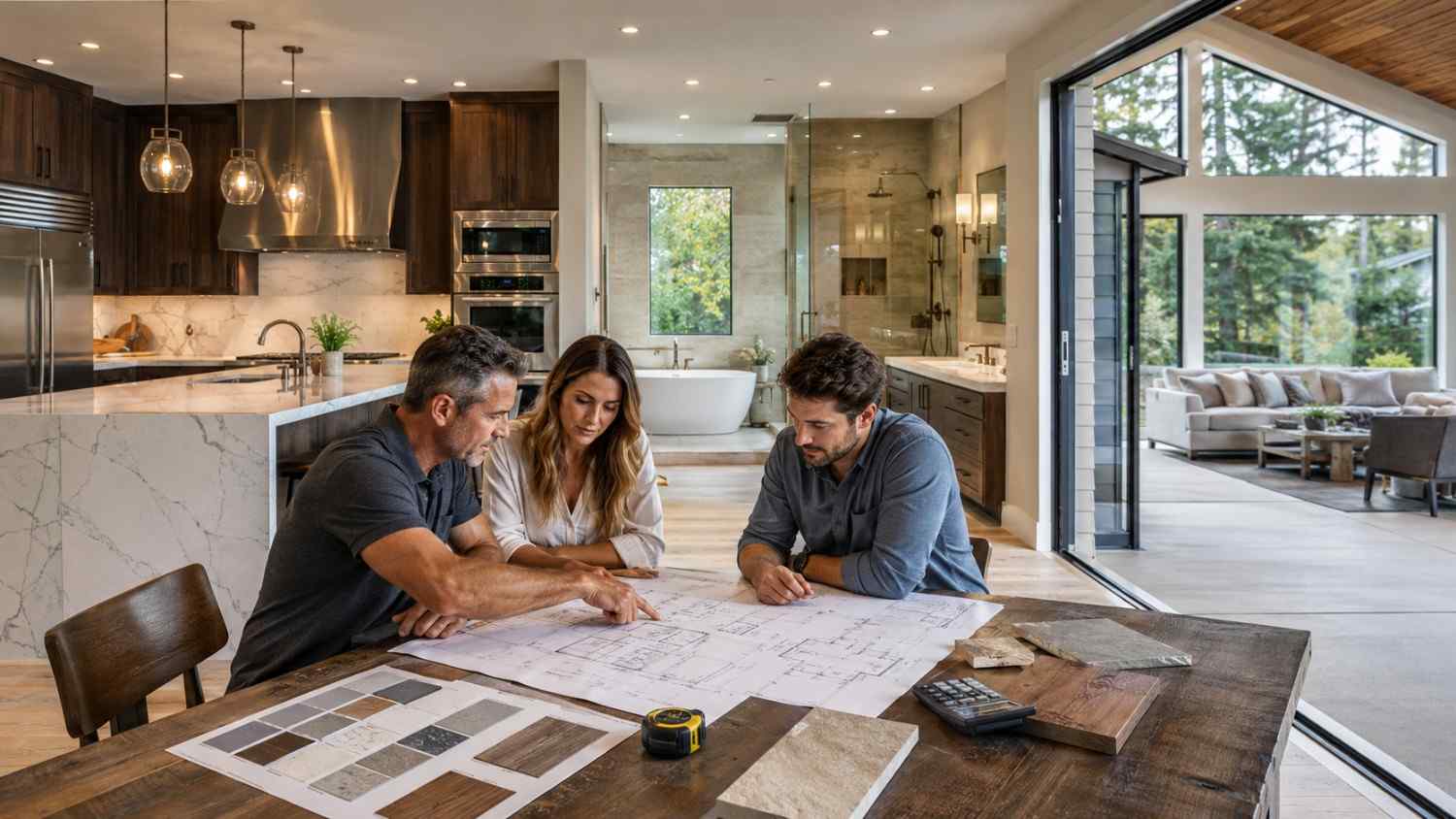 A contractor reviews architectural plans with homeowners at a dining table inside a luxury remodeled home. Material samples, flooring options, and measurements are displayed nearby. The open-concept space features a modern kitchen, spa-style bathroom, and seamless indoor-outdoor living area, highlighting high-end renovation planning, design consultation, and custom home improvements.