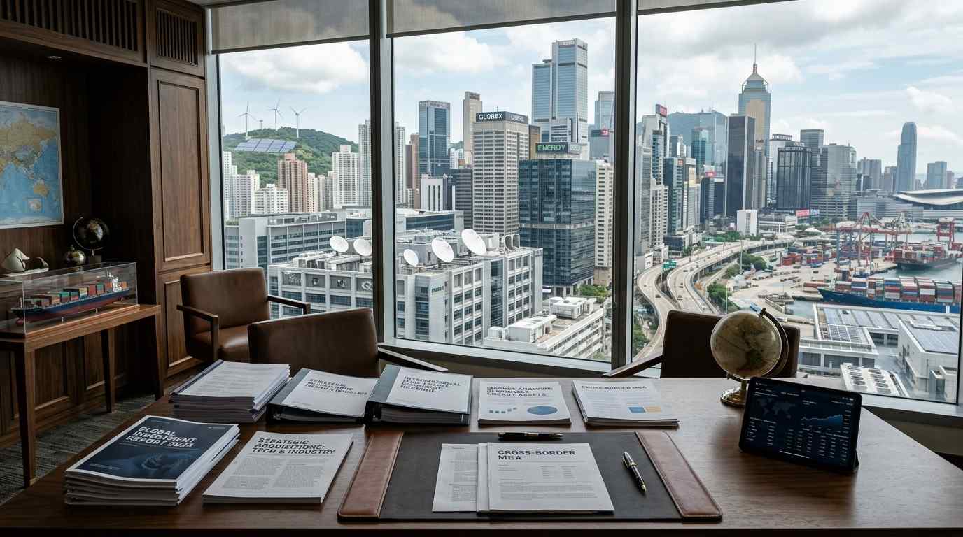 Global business empire featuring office towers, technology campuses, industrial facilities, real estate holdings, and financial planning materials, representing the immense scale of wealth required to become the world's first trillionaire.