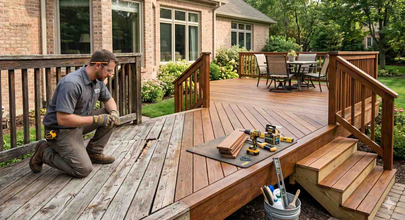 Contractor evaluates a weathered wooden deck during a renovation project, comparing damaged, aging boards with newly installed decking. Tools, fasteners, and replacement boards are arranged nearby. Fresh stairs and railings connect to an upgraded outdoor living space with patio furniture, highlighting the deck restoration and partial replacement process.