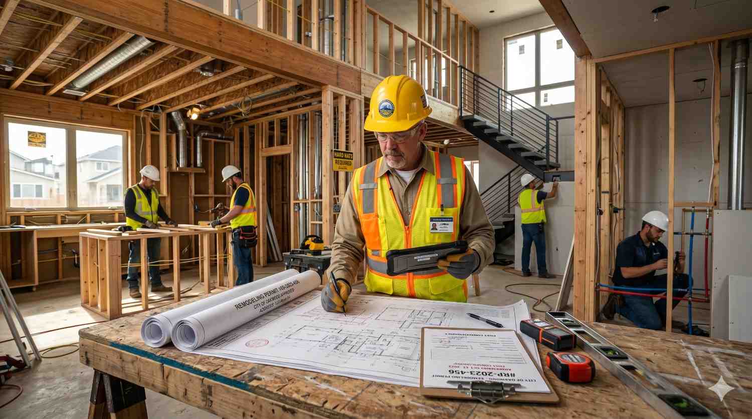 Construction site supervisor reviewing architectural blueprints and inspection documents inside unfinished residential home framing. Workers install drywall, framing, and utilities throughout open-concept interior while manager uses tablet for project coordination. Exposed wood beams, stairway, safety equipment, measuring tools, and active tradespeople illustrate professional custom home construction and on-site quality management process.