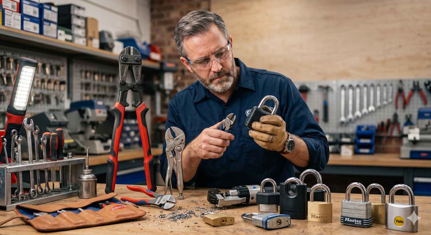 Professional locksmith or security technician examines a padlock in a workshop surrounded by security hardware and tools. Various padlocks, bolt cutters, lock cylinders, and hand tools are displayed on a workbench. The image highlights lock testing, security product evaluation, locksmith services, hardware comparison, theft prevention, and physical security expertise.