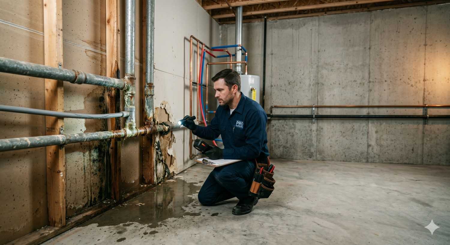 A plumber inspects leaking and corroded pipes inside an unfinished basement, documenting water damage and mold growth along an exposed wall while modern plumbing lines and a water heater are visible nearby.