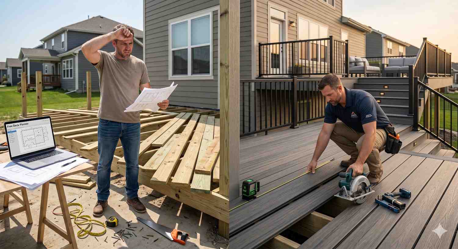 Split-screen image showing a homeowner planning a backyard deck project and a contractor installing composite decking boards. Construction tools, blueprints, framing, and finished railings highlight the process from deck design and planning to professional outdoor deck installation.