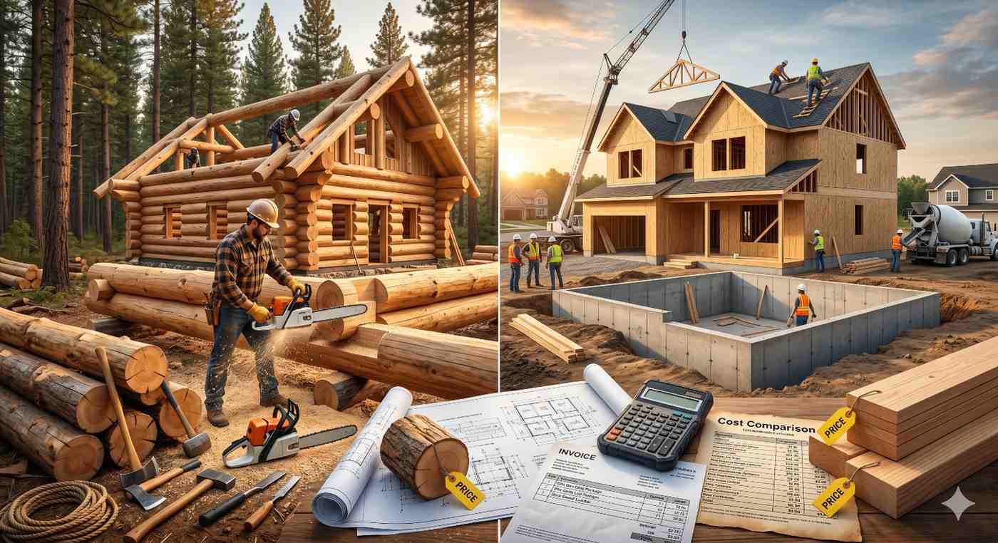 A split-screen comparison shows log cabin construction in a forest beside a modern suburban home build, with workers, tools, cranes, lumber, and cost documents highlighting different residential construction styles and expenses.