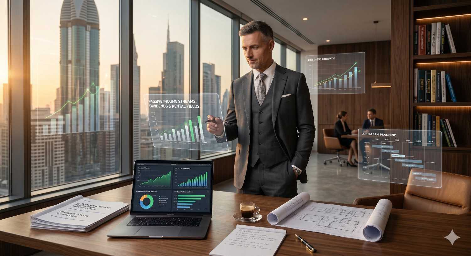 Business executive in a modern office reviewing digital financial charts and real estate investment data. Transparent analytics displays highlight passive income, business growth, and long-term planning, while city skyline views and architectural blueprints emphasize wealth management and property development strategy.