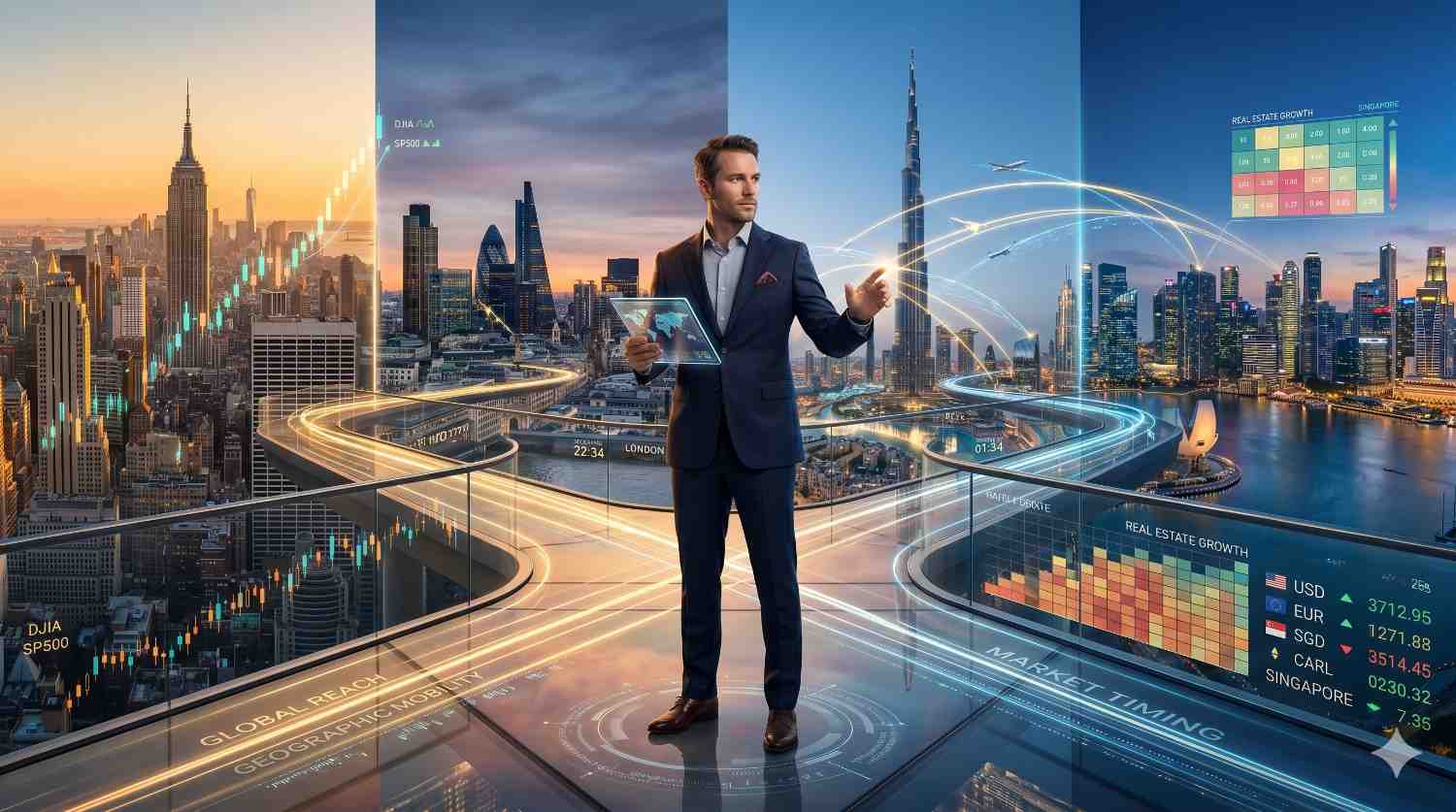 Business executive stands on a futuristic rooftop overlooking global city skylines while interacting with digital financial and real estate data. Virtual charts, market analytics, and illuminated pathways symbolize international investment growth and connectivity.