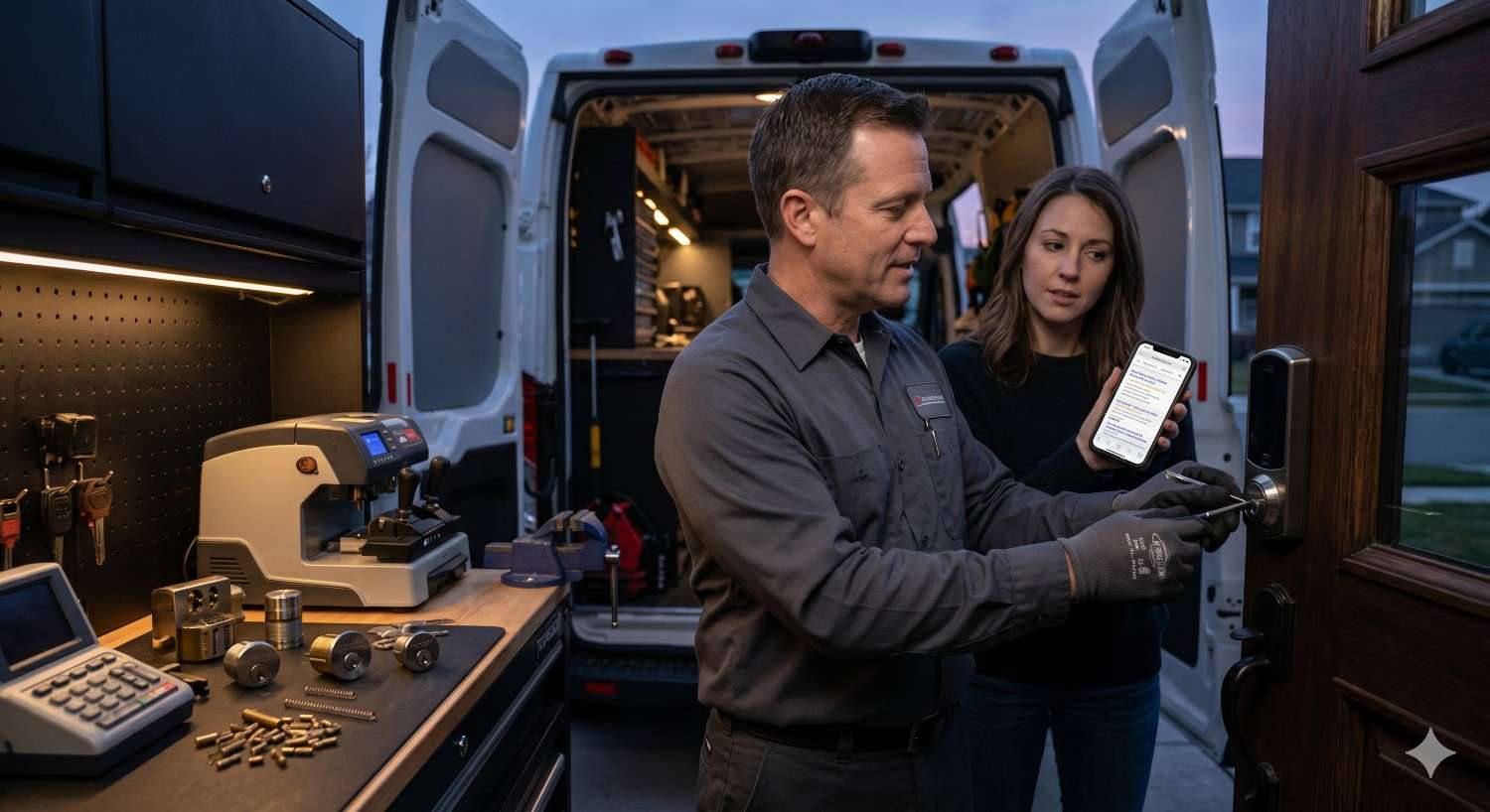 A locksmith works on a smart door lock outside a home while a customer holds a smartphone nearby. A service van with key-cutting equipment and locksmith tools is open in the background during an evening service call.