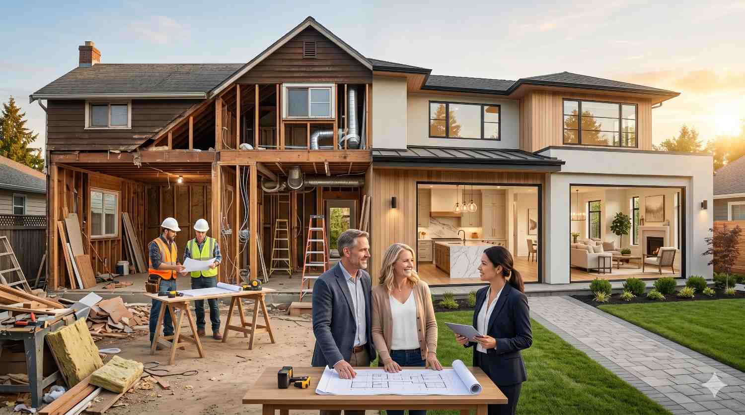 Homeowners and a contractor review renovation plans in front of a house undergoing a major remodel. The image contrasts an older structure under construction with a modernized finished addition featuring large windows and open living spaces. Construction workers, blueprints, and building materials highlight residential renovation, remodeling, design, and project planning.