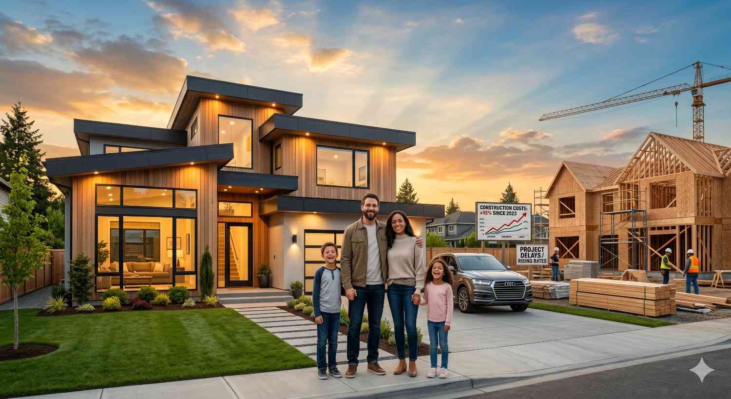 A family stands proudly outside a newly built modern home at sunset while construction continues next door, highlighting residential development, rising building costs, and an active neighborhood construction site.