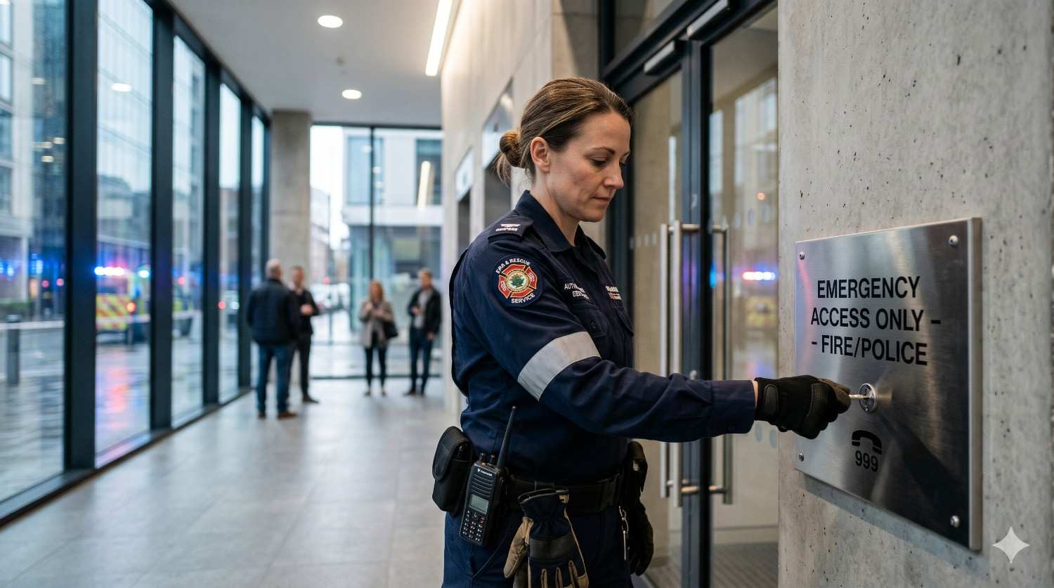 Emergency services officer uses a secure key-operated emergency access panel mounted beside a commercial building entrance. The metal sign indicates fire and police access only. Glass walls reveal people and emergency vehicles outside. The image highlights controlled emergency entry systems, first responder access, building security, and public safety infrastructure.