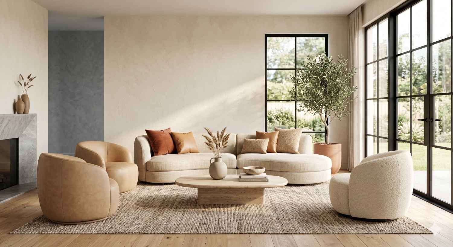 A bright modern living room features curved cream-colored seating, a round wooden coffee table, textured rugs, and large black-framed windows overlooking greenery, creating a warm and minimalist interior design.