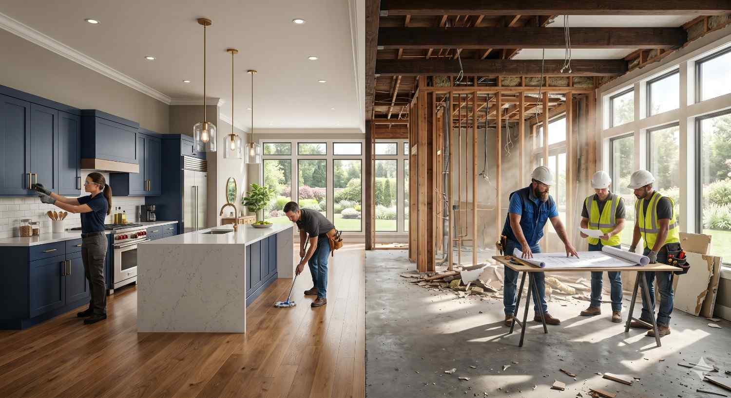 Split-screen image showing a finished modern kitchen renovation beside an unfinished construction space. One side features completed cabinetry and cleaning, while the other shows exposed framing, contractors reviewing blueprints, and active remodeling work.