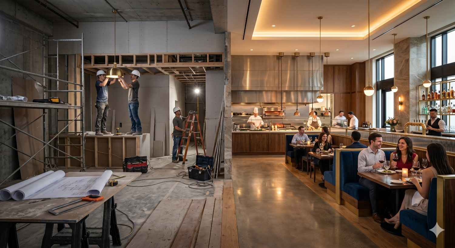 Side-by-side commercial restaurant construction and completed dining space showcasing dramatic hospitality renovation transformation. Construction workers install lighting and interior finishes beside elegant modern restaurant with seated guests, open kitchen, warm lighting, and upscale décor. Scaffolding, blueprints, and tools contrast with polished booths, bar seating, and active fine dining atmosphere successfully.