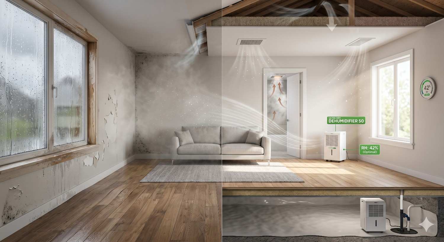 A split-screen comparison shows a damp mold-damaged room beside a dry restored interior using dehumidifiers and airflow systems, illustrating moisture control, improved ventilation, and humidity reduction after water damage remediation.
