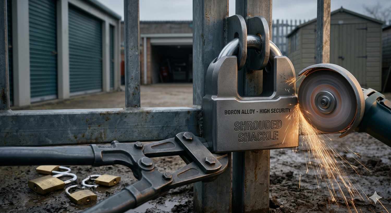 Close-up of a high-security storage facility gate secured with a heavy-duty shrouded shackle padlock made from boron alloy. An angle grinder creates sparks while attempting to cut the lock. Nearby bolt cutters and additional padlocks emphasize physical security, access control, theft prevention, and resistance to forced entry attacks.