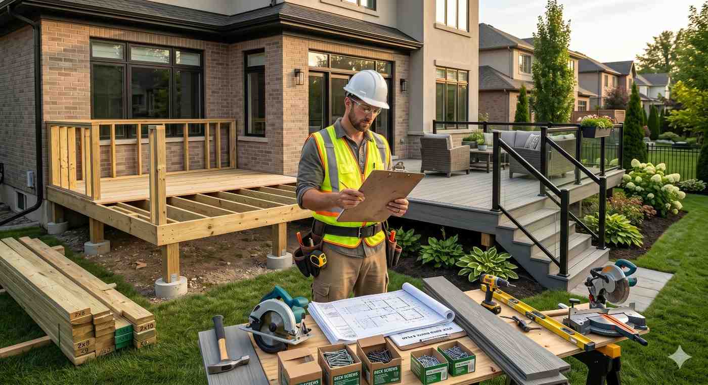 Construction supervisor reviews deck building plans and project specifications beside a residential backyard deck installation. The image contrasts a partially framed wooden deck under construction with a completed composite deck featuring modern railings and stairs. Building materials, tools, and blueprints highlight professional deck design, planning, construction management, and quality craftsmanship services.