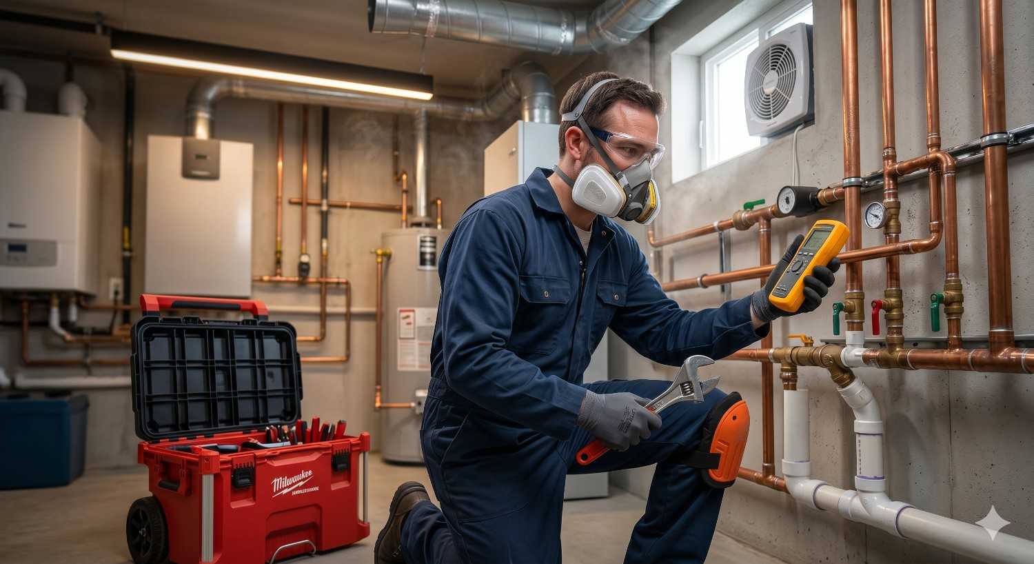 A plumber wearing safety goggles and a respirator inspects residential copper plumbing with a digital diagnostic tool in a basement utility room, surrounded by water heaters, exposed pipes, and professional repair equipment.