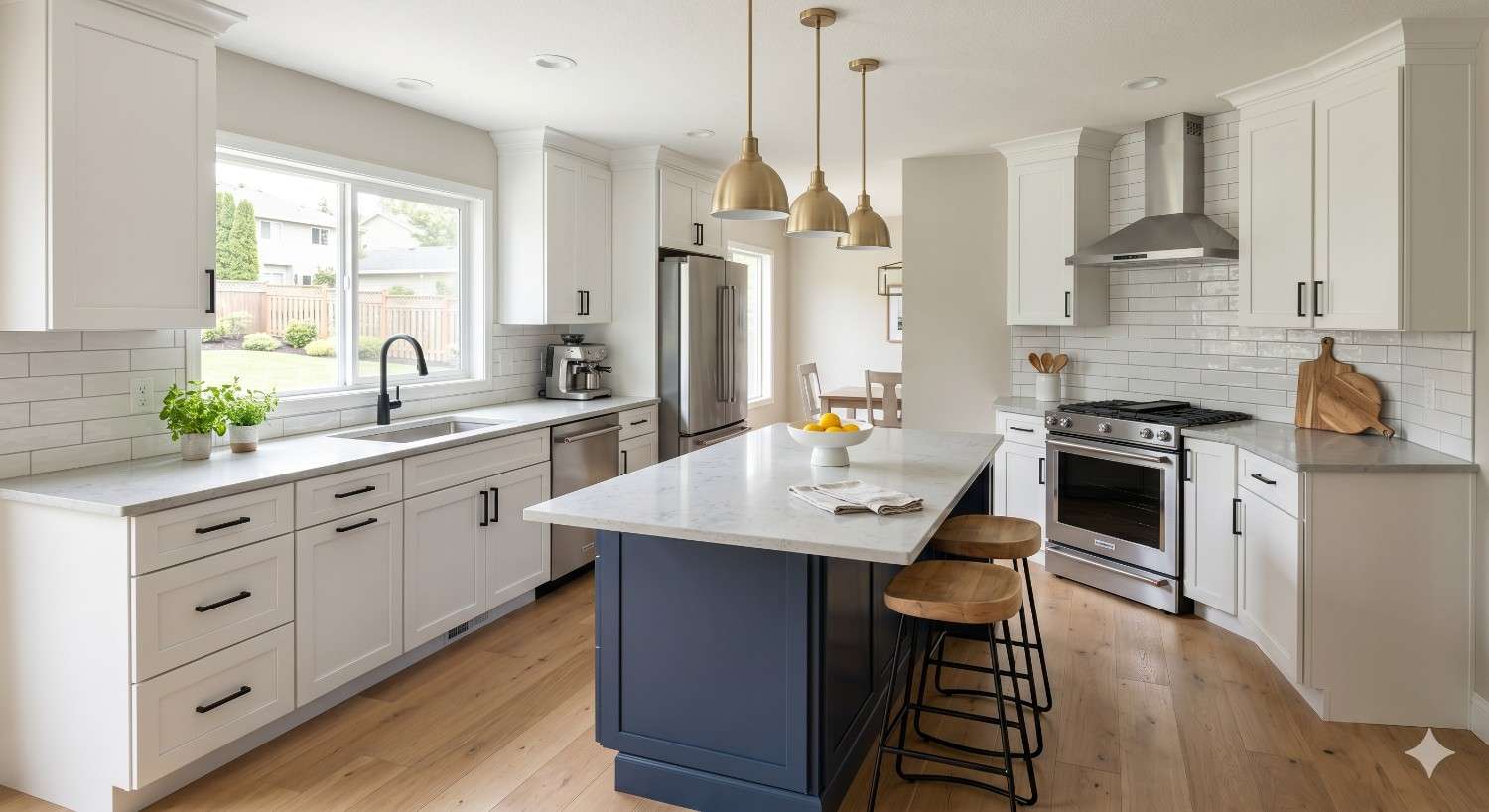 Modern farmhouse kitchen with white cabinetry, subway tile backsplash, stainless steel appliances, and a blue center island with seating. Large windows, pendant lighting, and wood flooring create a bright, welcoming interior.