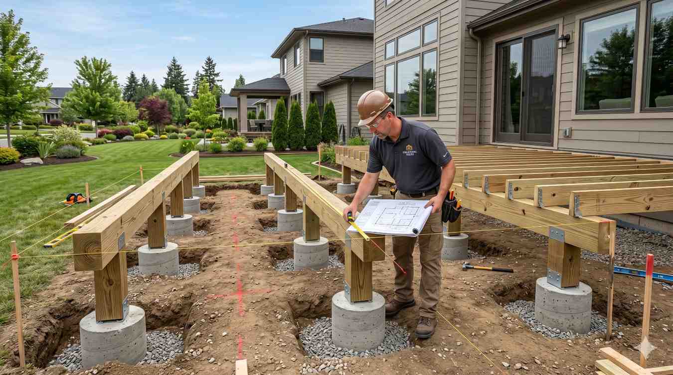 Contractor measures and verifies deck foundation layout during residential deck construction. Concrete footings, support posts, and framing beams are installed beside a house while the builder reviews blueprints. String lines and markings guide placement. The image highlights deck planning, structural accuracy, foundation preparation, and professional outdoor construction practices.