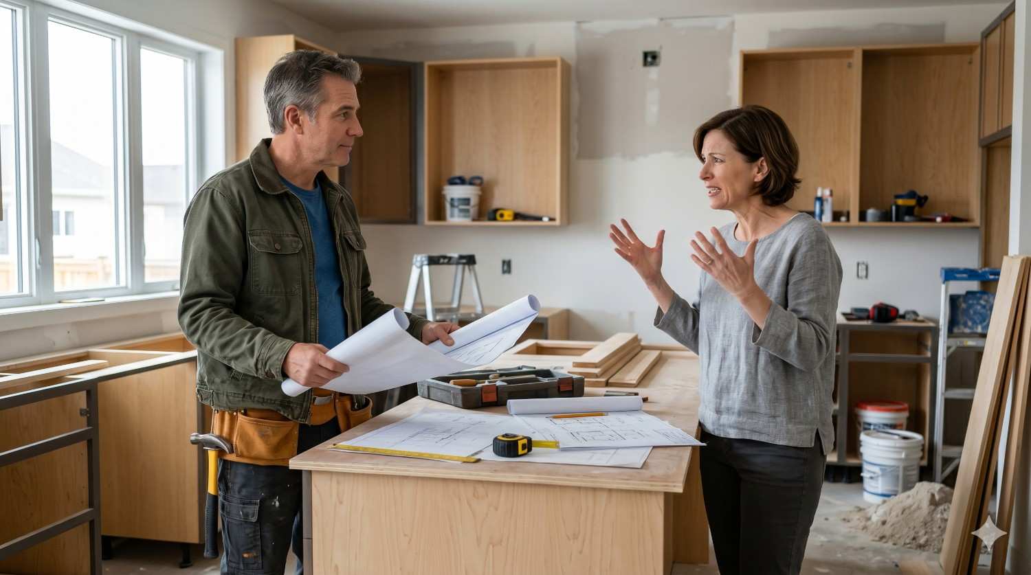 A homeowner speaks with a contractor in a partially renovated kitchen, discussing blueprints and construction plans. Unfinished cabinets, tools, and building materials surround them as they review the remodeling project beside a kitchen island.