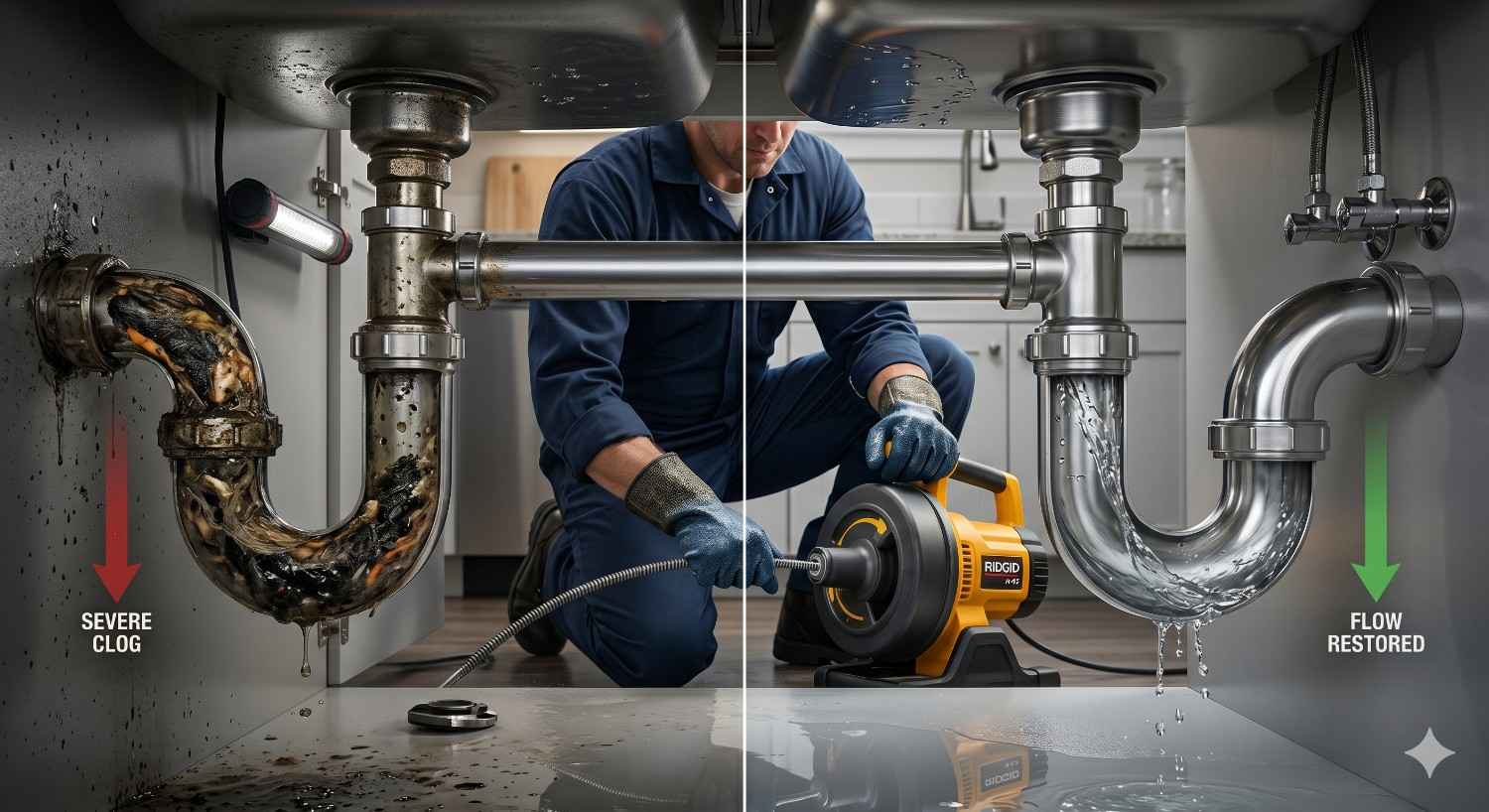 Plumber performing drain cleaning with electric auger under kitchen sink, showing before and after clogged pipe with debris removed and water flowing freely