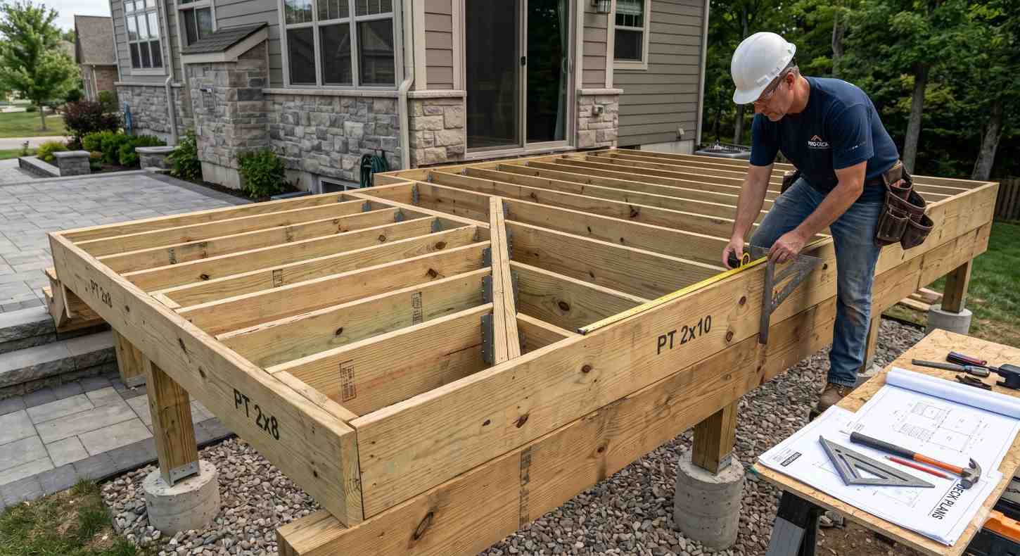 Contractor measures and verifies deck framing dimensions during residential deck construction. Wearing a hard hat and tool belt, he checks joist spacing and structural layout on a raised wooden frame supported by concrete footings. Construction plans and measuring tools nearby highlight precision, code compliance, and quality deck-building practices.