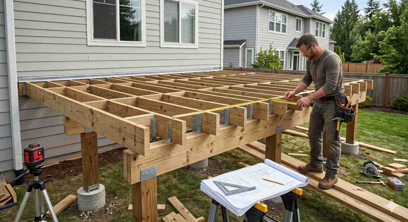 Contractor measuring and building a backyard deck frame beside a suburban home. The wooden deck structure includes support posts, joists, and hardware, with construction plans and tools visible, illustrating the deck installation process for a residential outdoor living project.