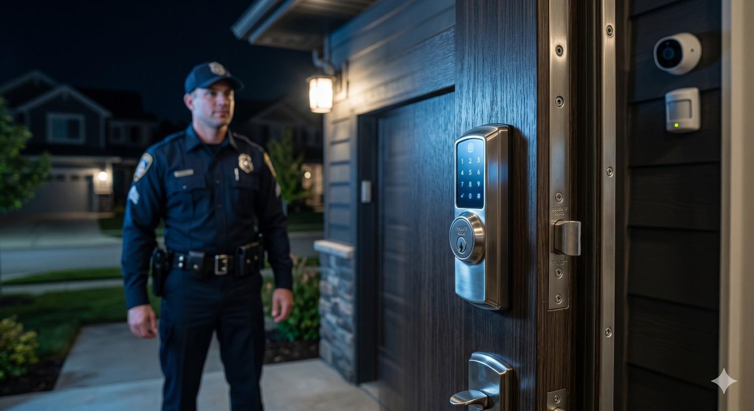 Nighttime home security scene featuring a police officer standing outside a modern house with a smart keypad door lock and visible security camera. Illuminated entry lighting and suburban neighborhood background emphasize residential safety, smart home technology, and secure keyless access systems designed to enhance property protection and homeowner peace of mind after dark.